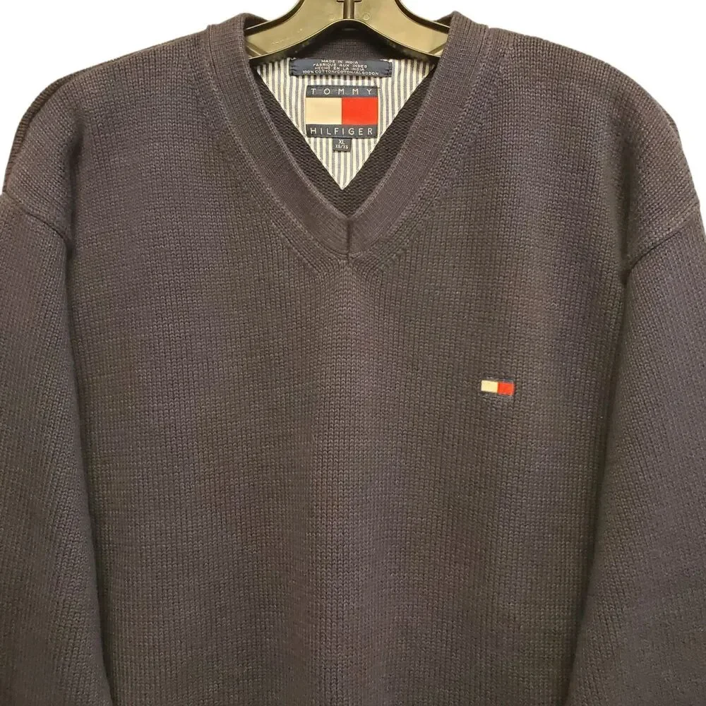 Vintage TOMMY HILFIGER Sweater Adult XL Blue Casual V-Neck Preppy Cotton 90s Y2K